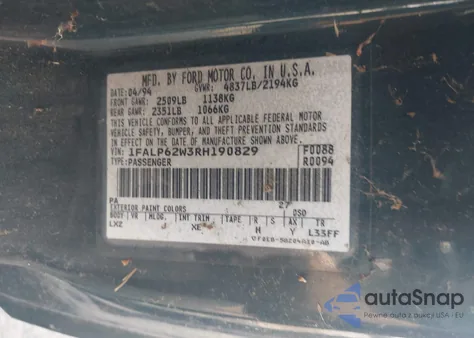 1994 Ford Thunderbird Lx from USA, damaged, VIN 1FALP62W3RH190829